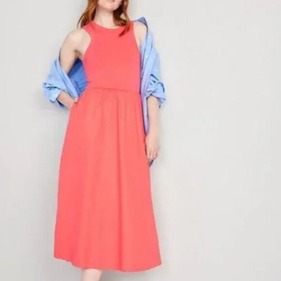 Old Navy Coral A-Line Halter Midi Dress Size Large - Picture 1 of 8